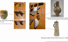 Atradumu vidū ir māla trijkāju vārāmā trauka fragmenti ar dzeltenu glazūru iekšpusē, kā arī no vācu zemēm ievestu akmensmasas trauku lauskas. Tās saistāmas ar Zīgburgas baltās akmensmasas kausiem un Ķelnes-Frehenas apkārtnes brūni sālsglazētajām krūkām